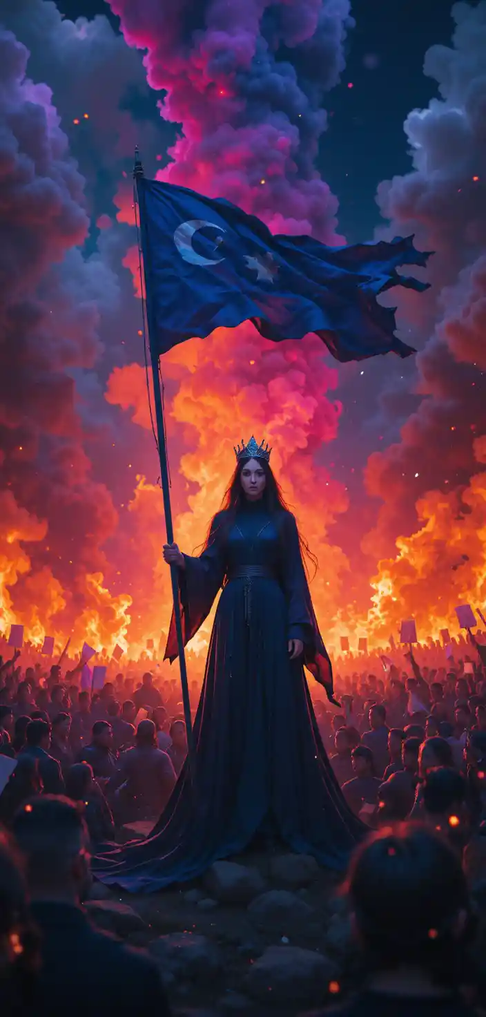 Woman in flowing blue robes raises a flag before a fiery crowd