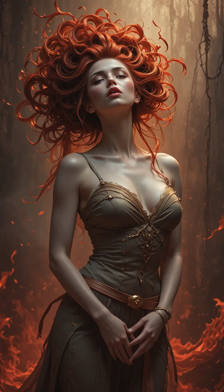 Ecstatic fire mage woman in dramatic fantasy portrait