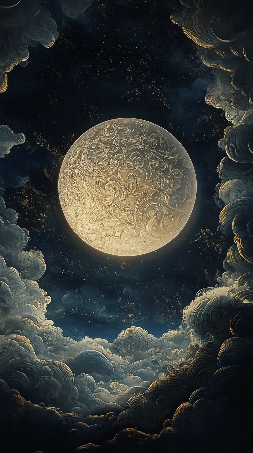 Serene Baroque Moon Against Deep Swirling Night Sky