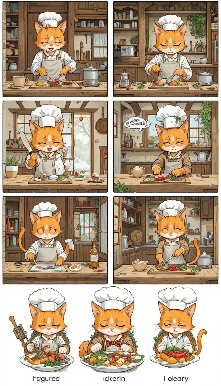 Chef orange tabby cat cooking in a rustic outdoor kitchen