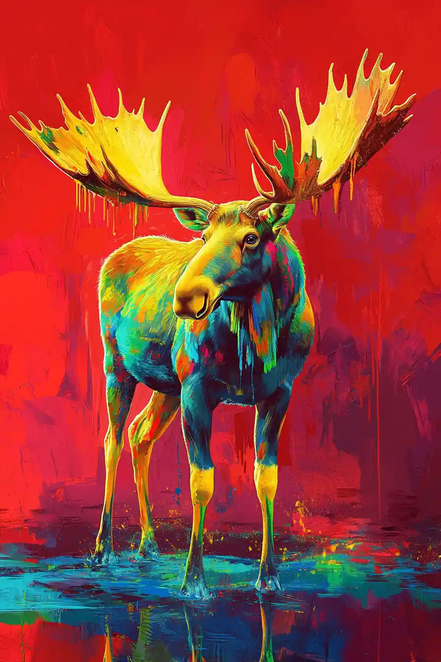 Colorful moose with psychedelic antlers on red abstract background