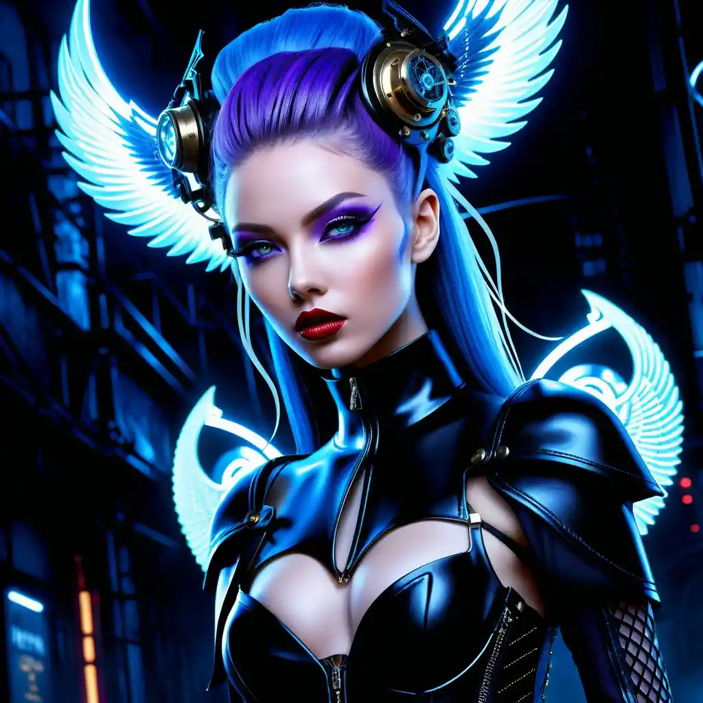 Ritratto di donna fuorilegge cyberpunk tra fumo al neon vorticoso