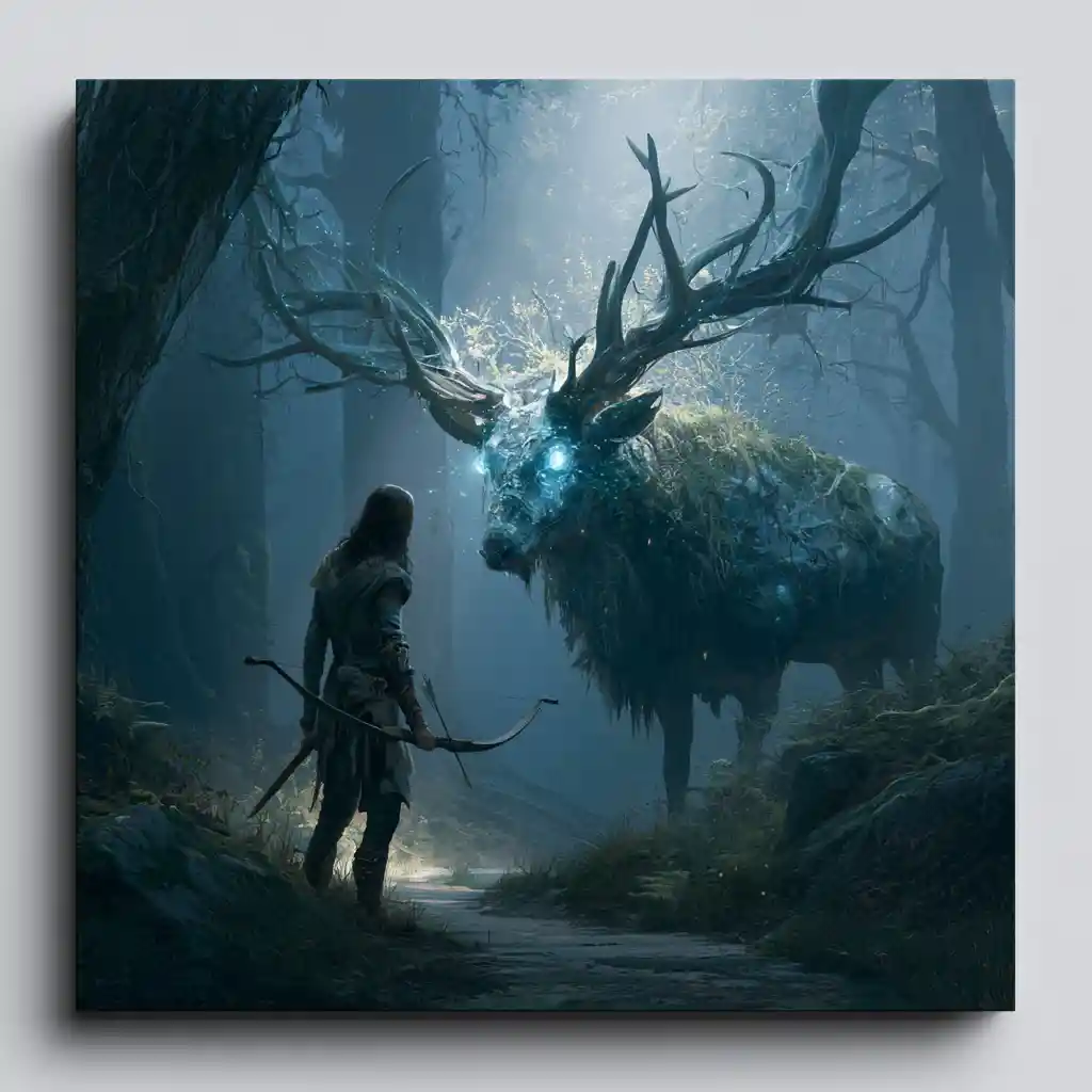 Archer Meeting A Rare Stag On A Mystical Forest Path