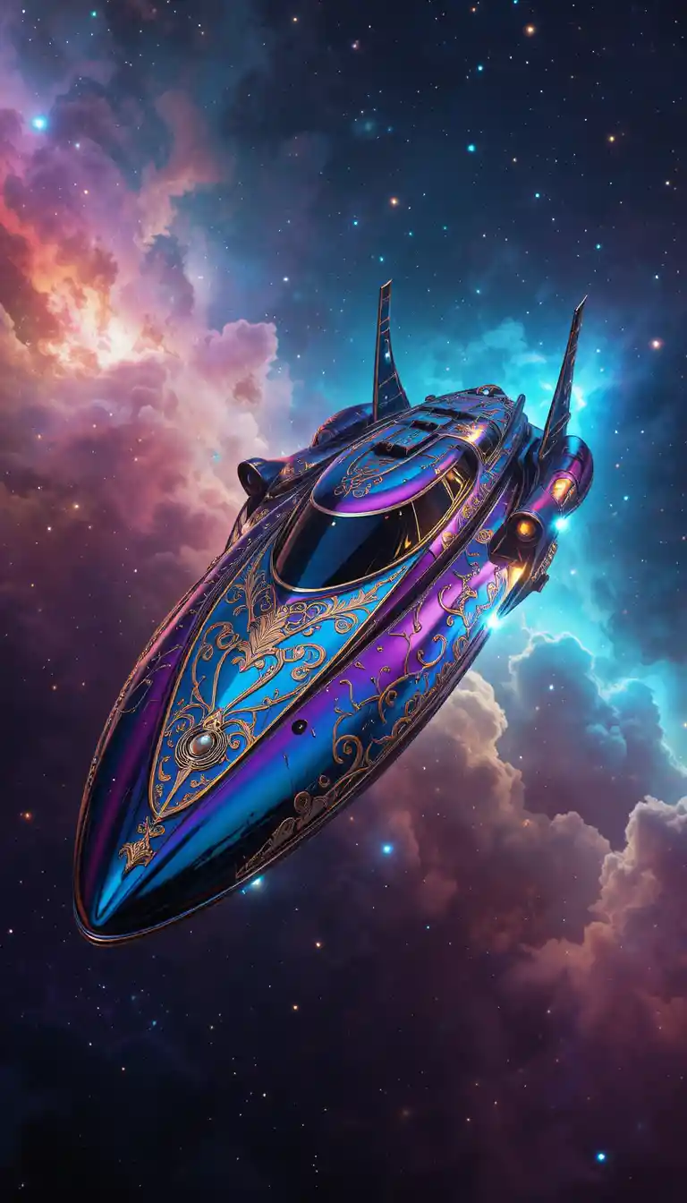 Luxuriöses Raumschiff gleitet durch leuchtende kosmische Nebel