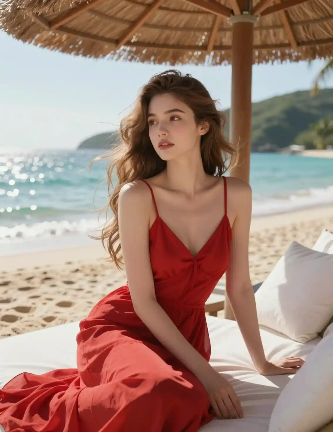Young woman in red dress relaxing by the ocean