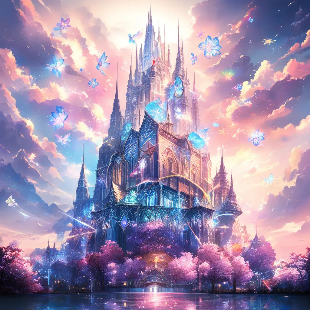 Enchanted Cherry Blossom Tree Merging Into Fantasy Castle