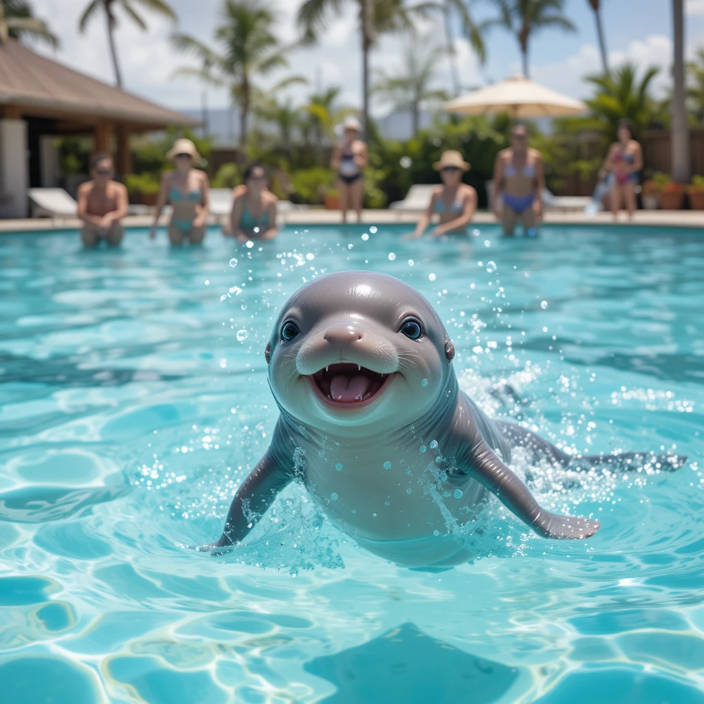 Cute baby dolphin jumping from a bright swimming pool