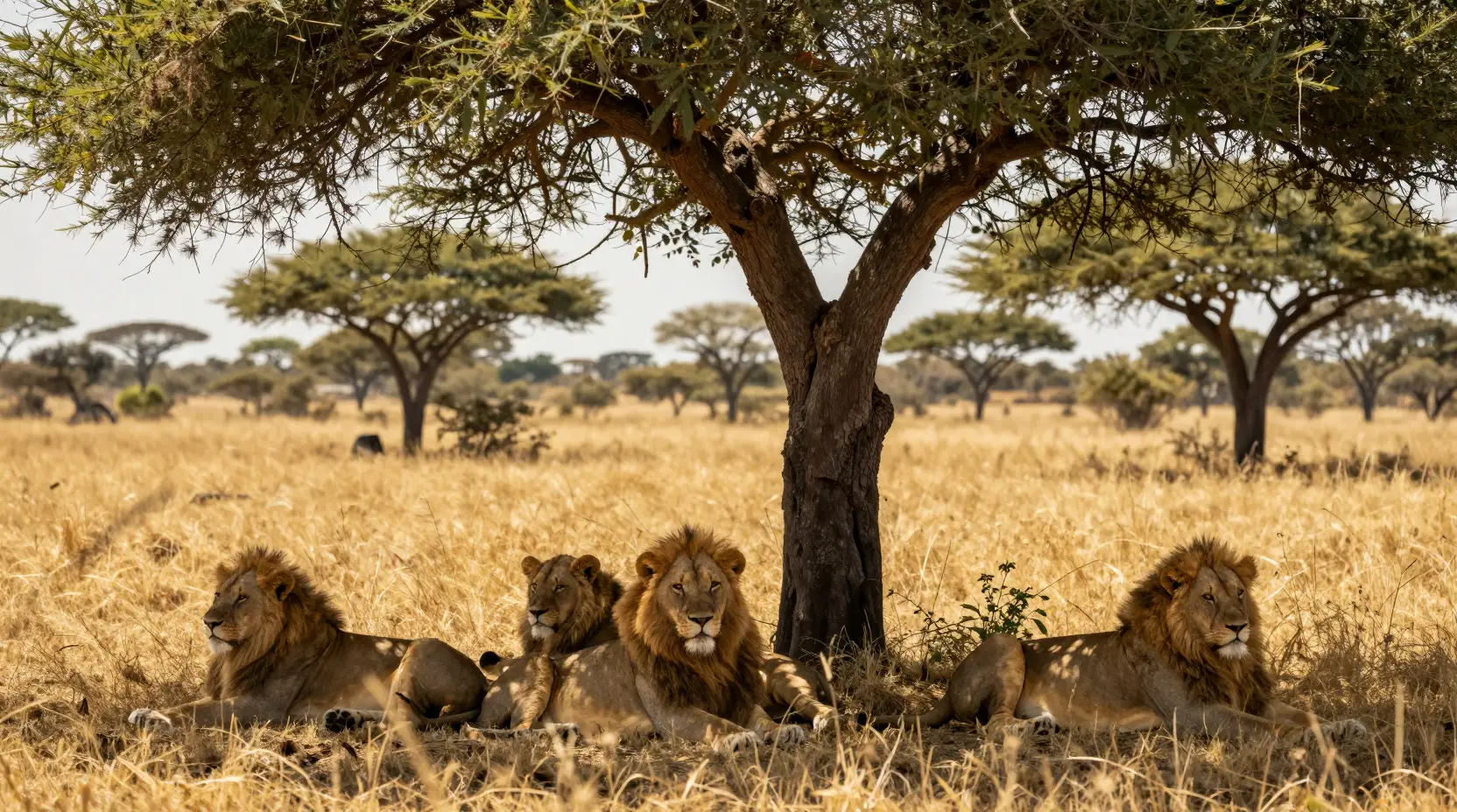 Branco di leoni che riposa all’ombra nella luminosa savana estiva