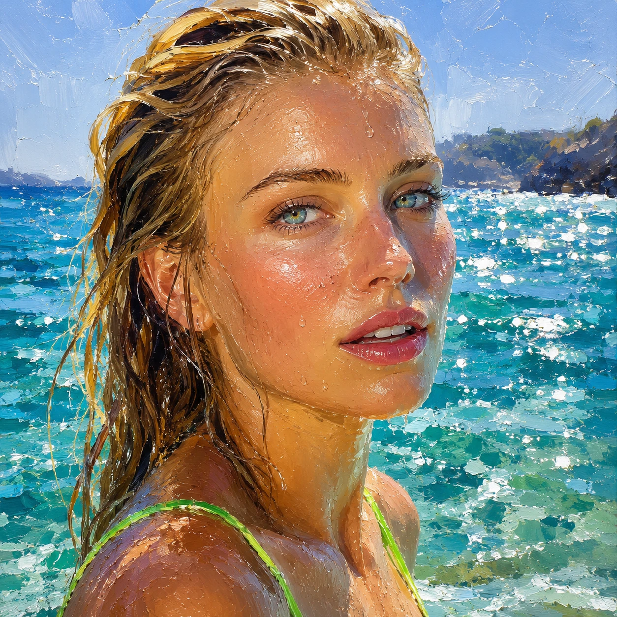 Blonde woman emerging from the sea in vibrant impasto portrait