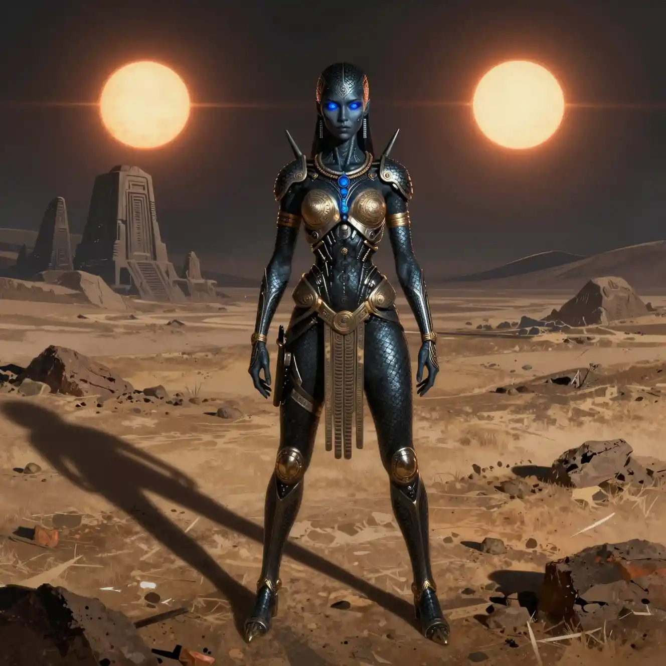 Obsidian skinned woman on a desolate alien world