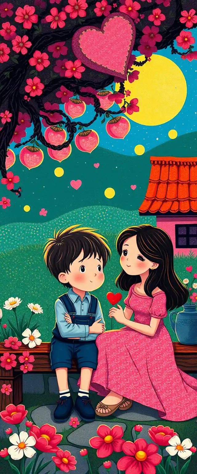 Colorful fantasy village with a boy and his loving mother