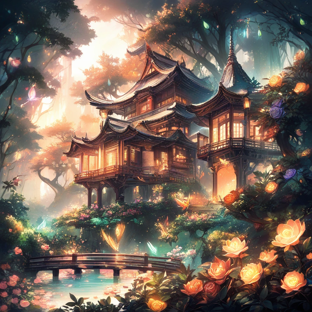 Enchanted Fantasy Village Surrounded By Colossal Rose Ponds