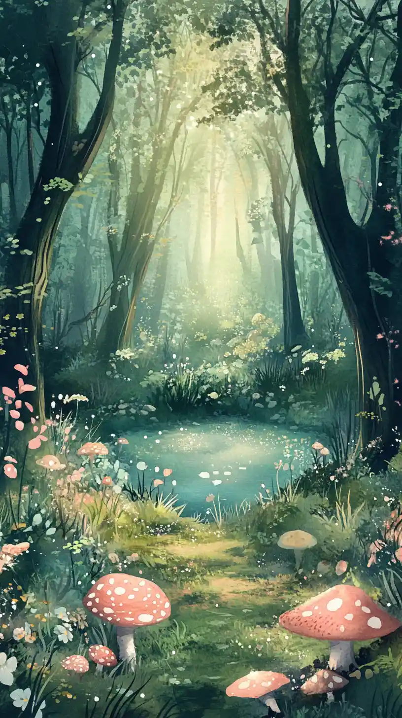 Magical watercolor fairytale forest with glowing lake and flowers