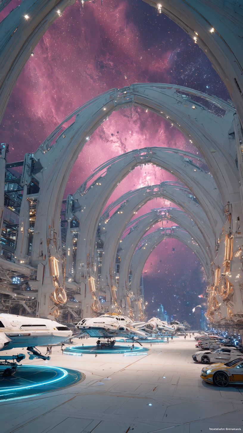 Cinematic view of a luxury spaceship hangar under cosmic sky