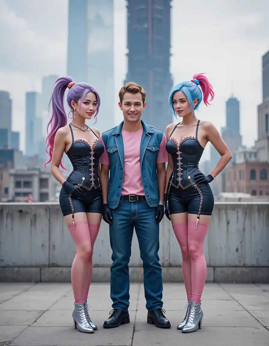 Eccentric costumed friends posing against bright pink backdrop