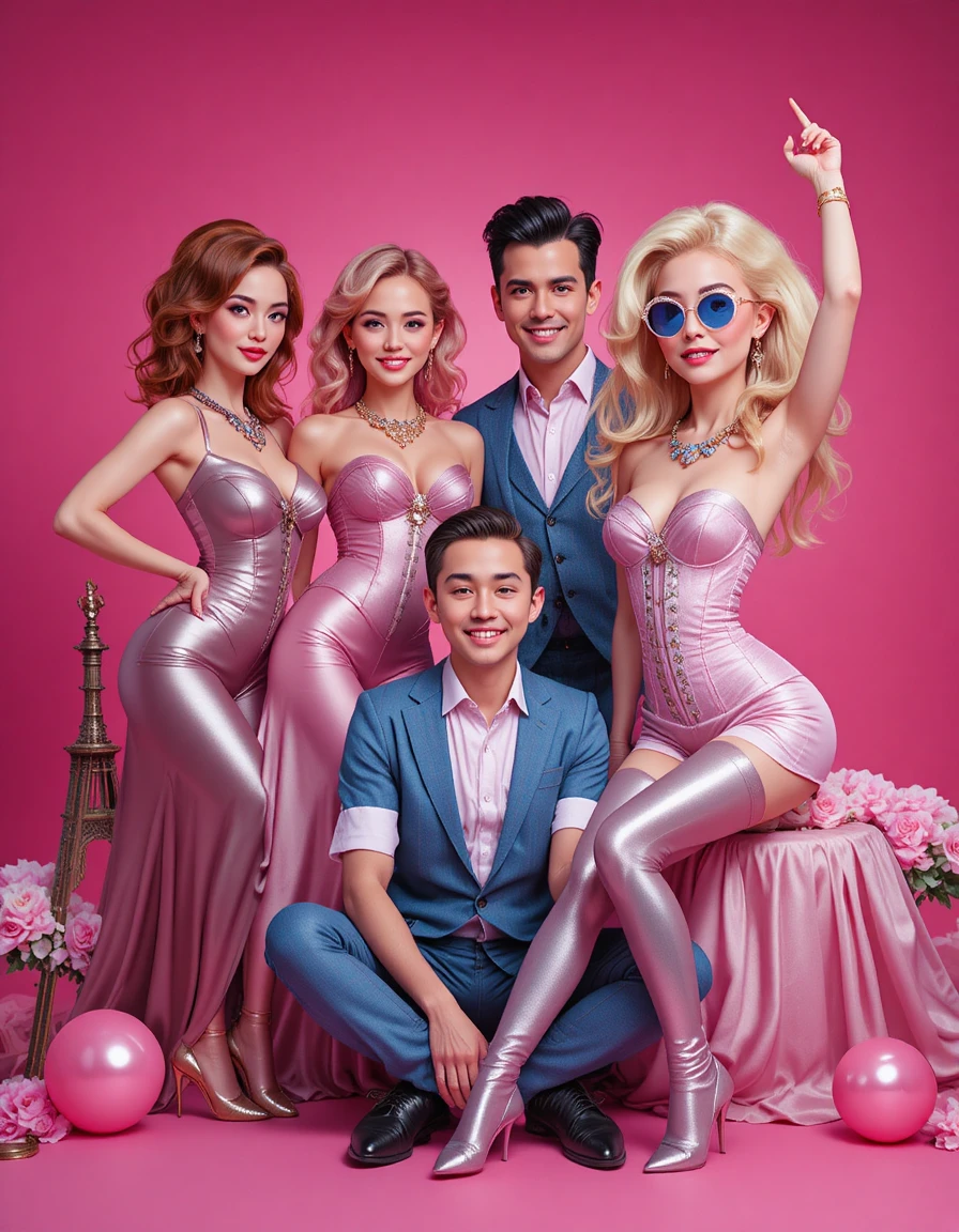 Eccentric group in pink and silver fashion against vivid backdrop