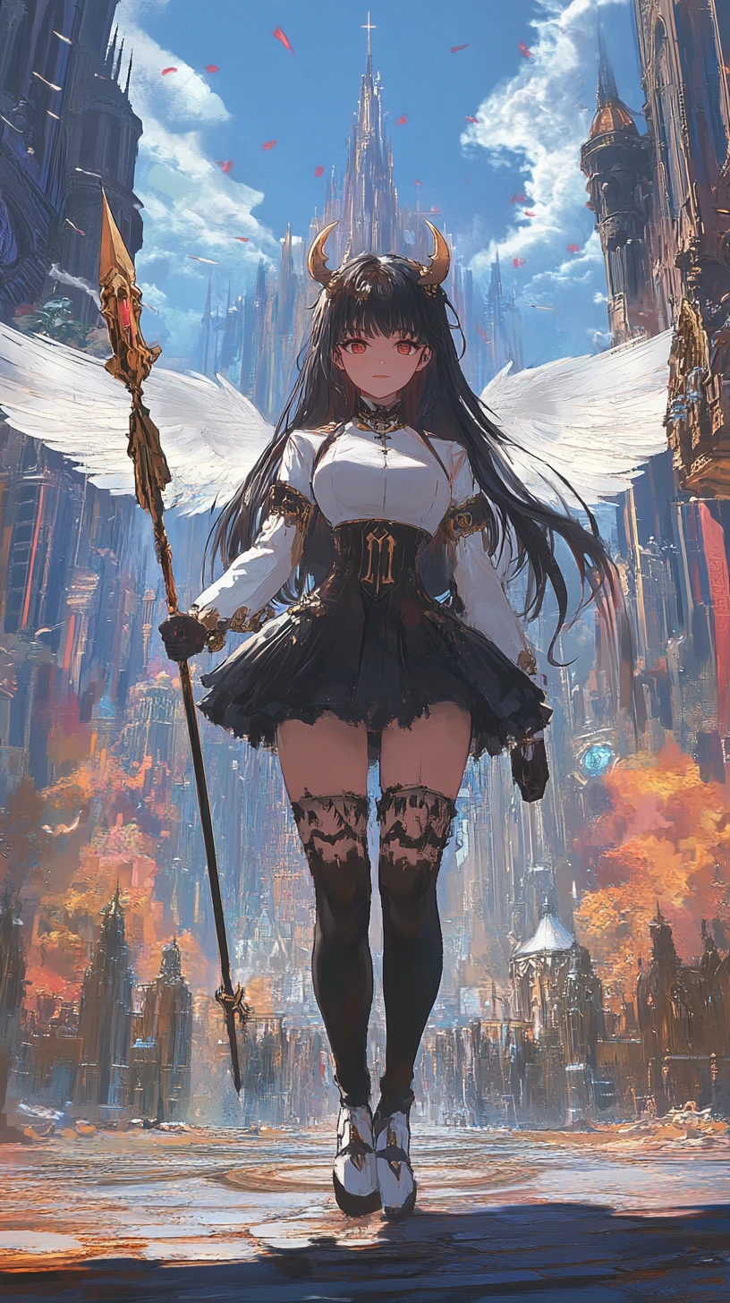 Dark haloed anime girl with geometric angel wings