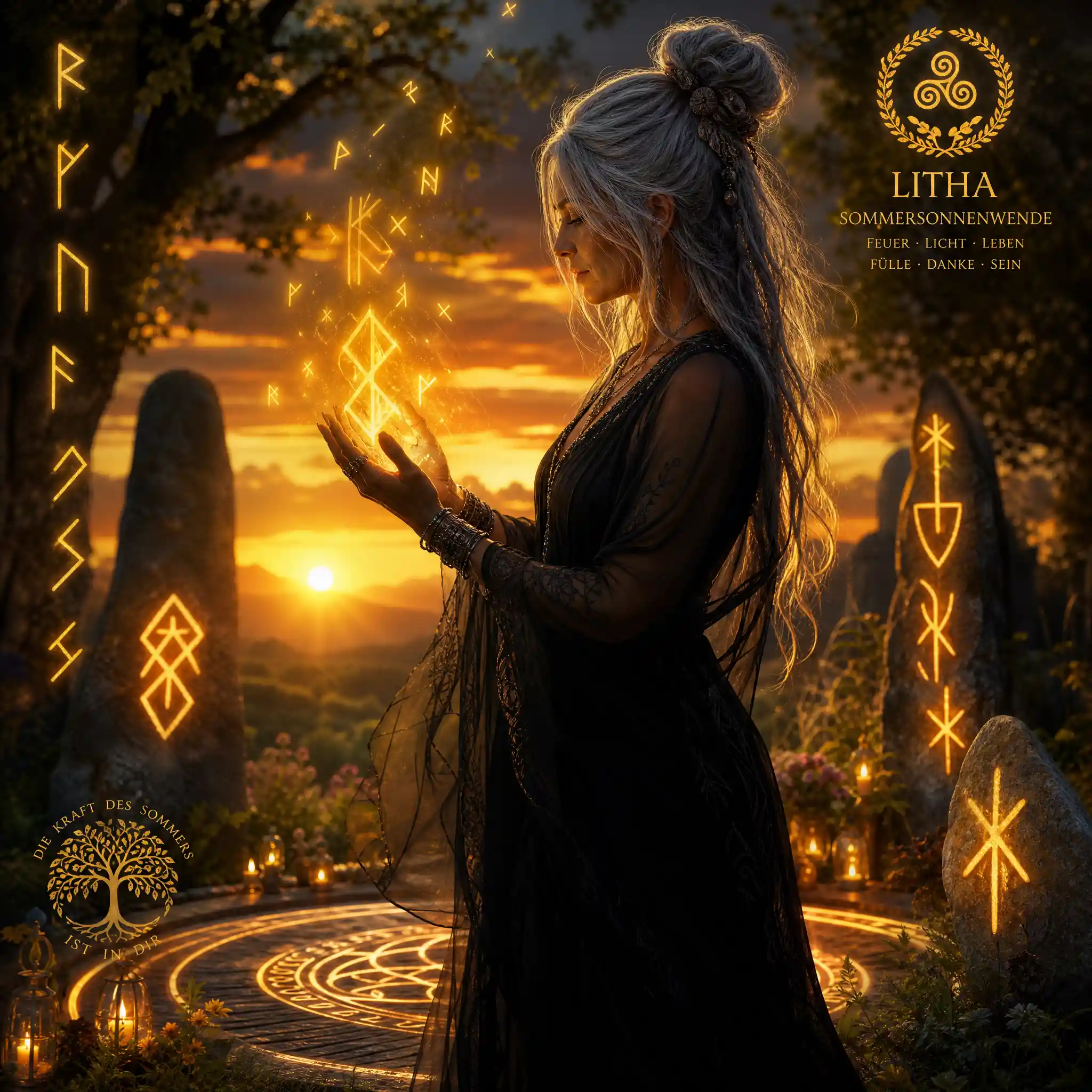 Mystical shaman woman holding glowing runes at solstice
