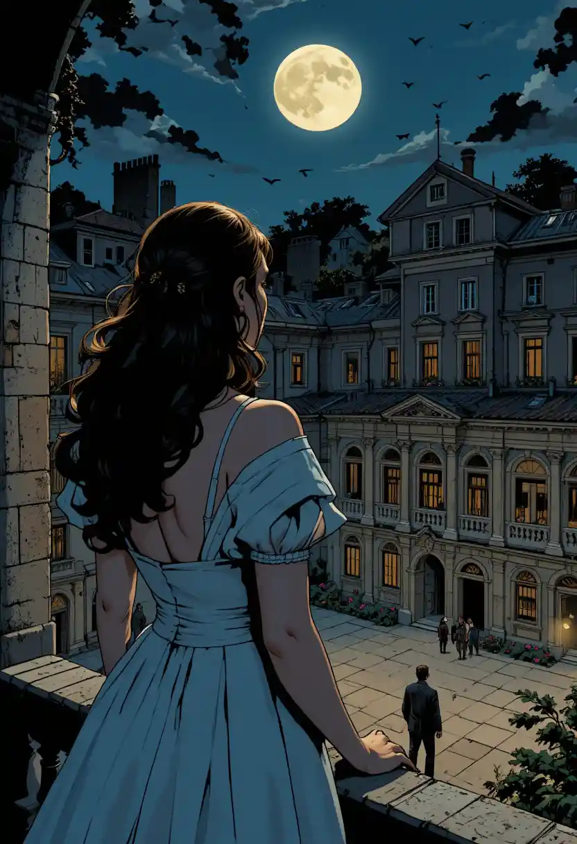 Moonlit balcony scene with lovers in graphic novel style