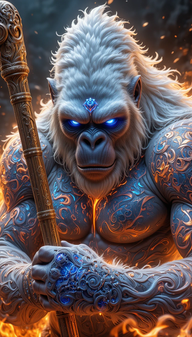 White gorilla warrior with glowing blue tribal tattoos