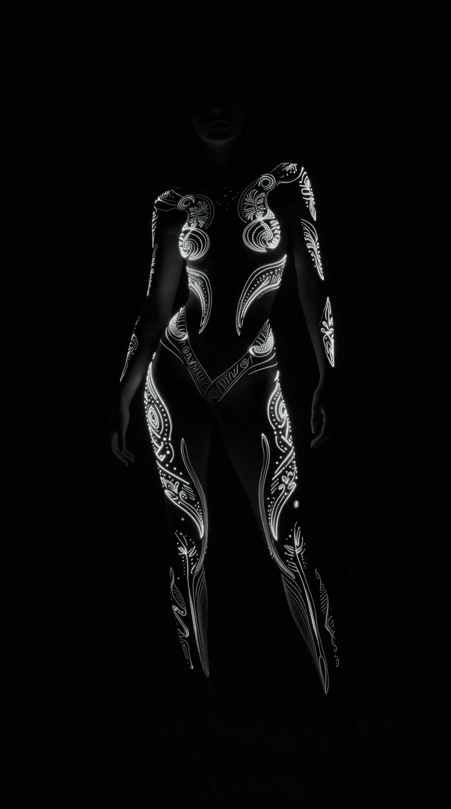 Glowing creature defined by light patterns in darkness
