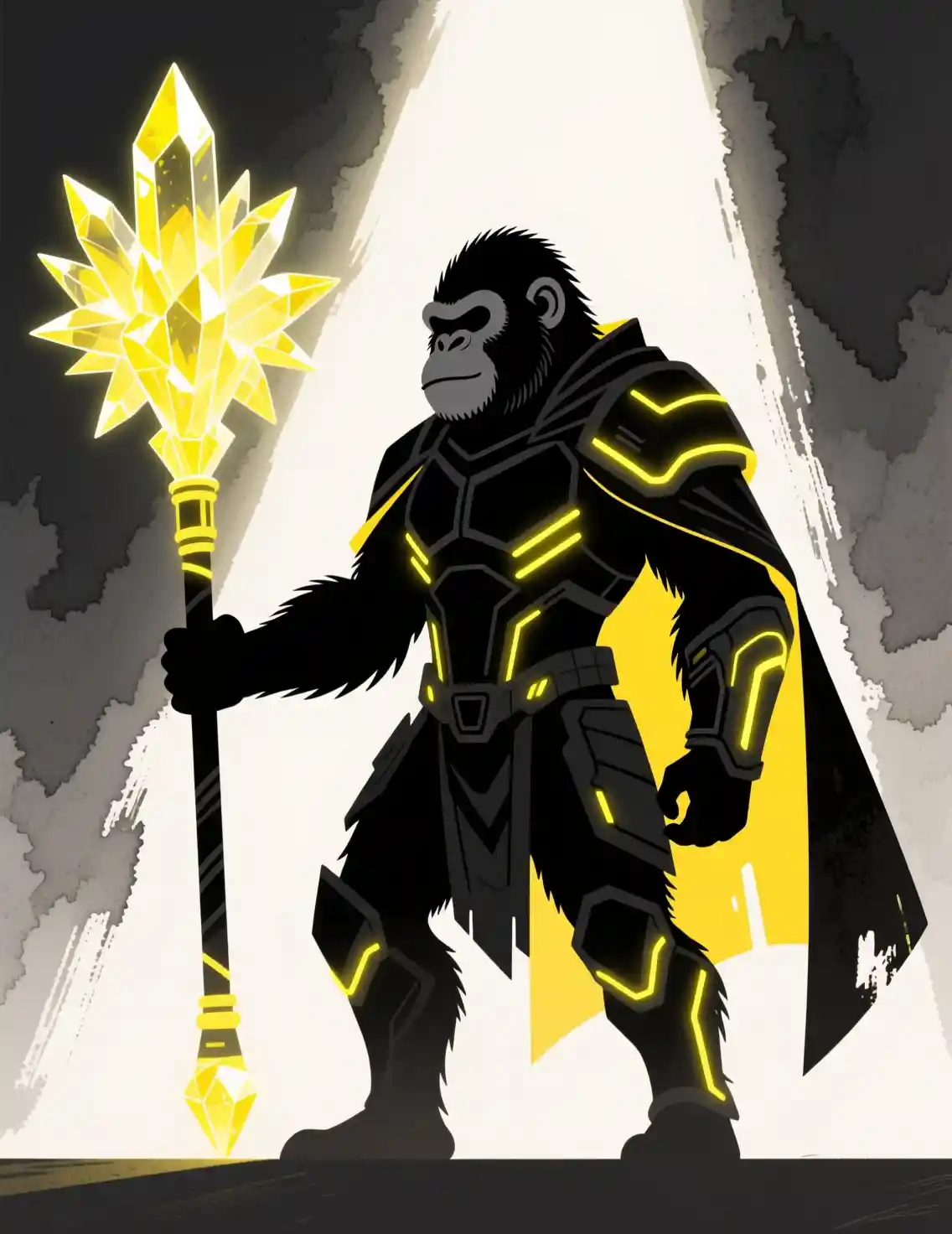 Watercolor sci fi ape warrior in glowing backlight