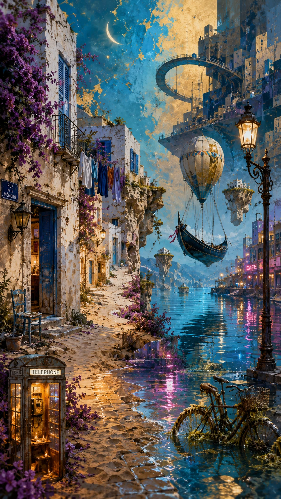 Surreal Mediterranean alleyway with crumbling whitewashed buildings