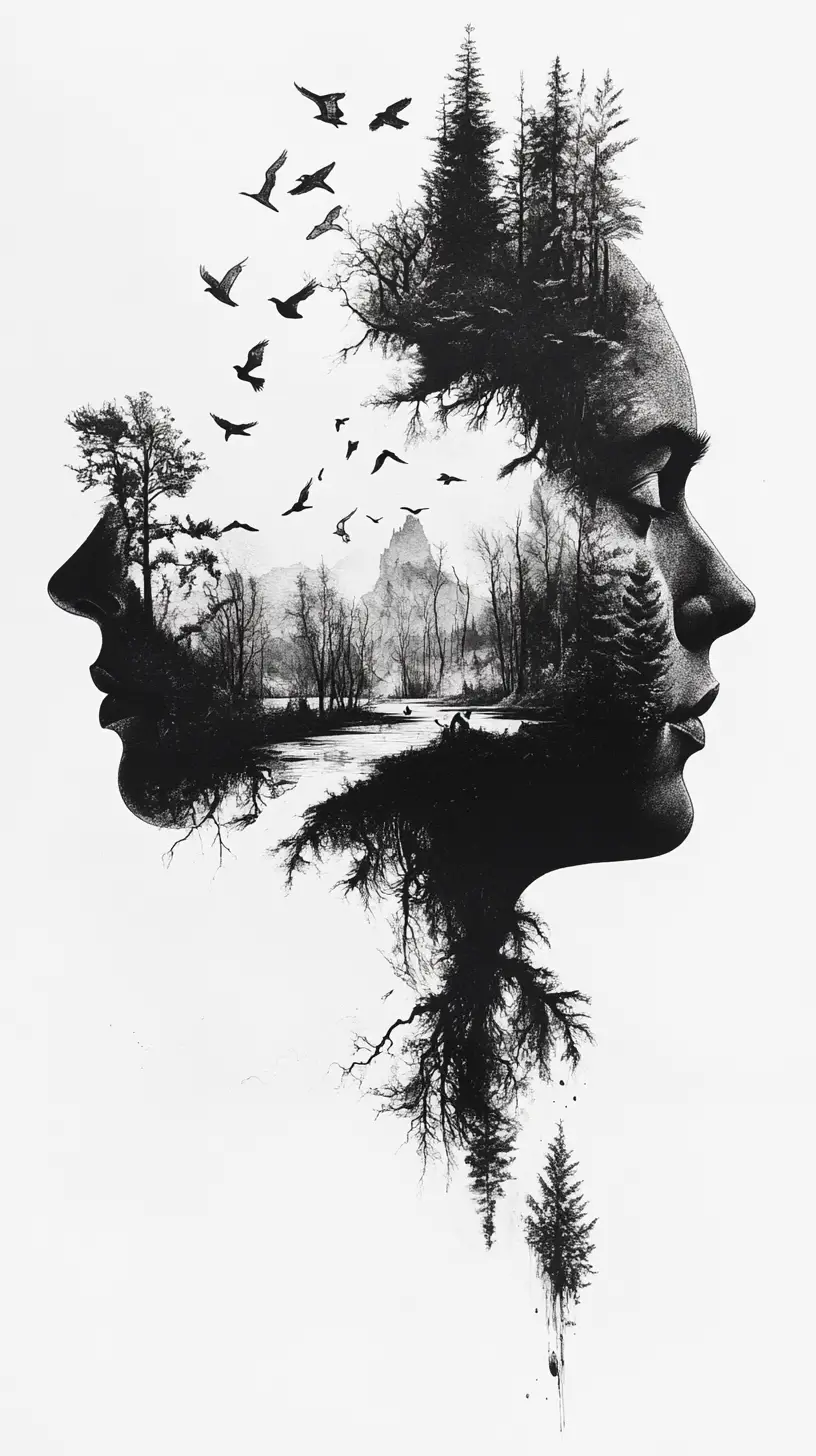 Surreal Portrait Silhouette Filled With Living Biome