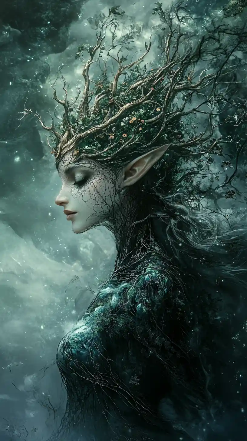 Mystical Fae Woman Emerging From A Luminous Forest Veil