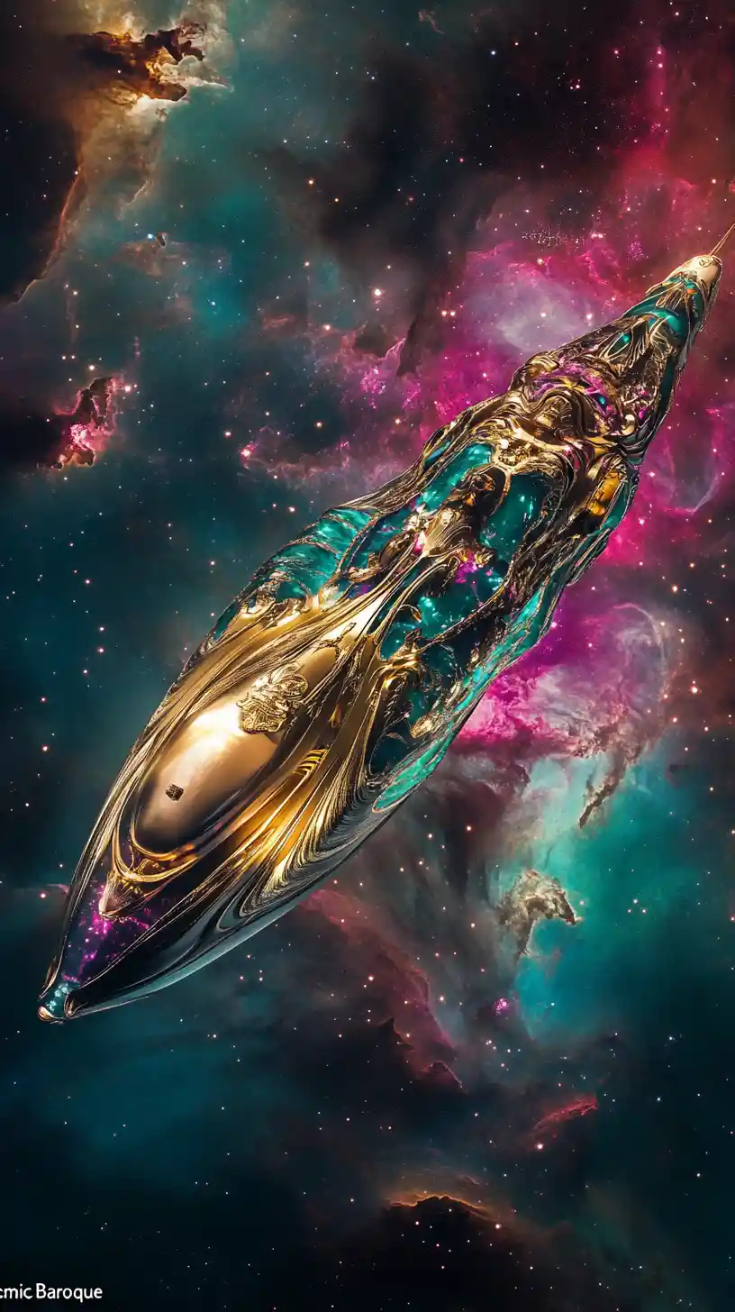 Luxurious starship gliding through a glowing cosmic nebula
