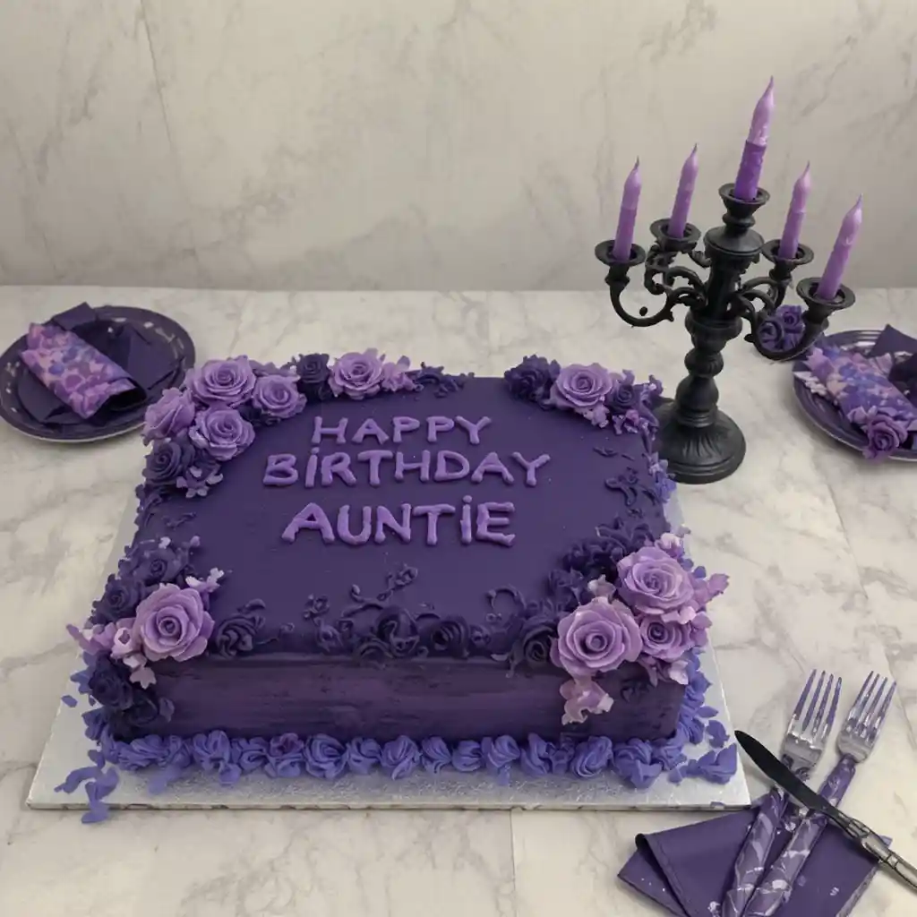 Dark purple birthday sheet cake with skull candelabra