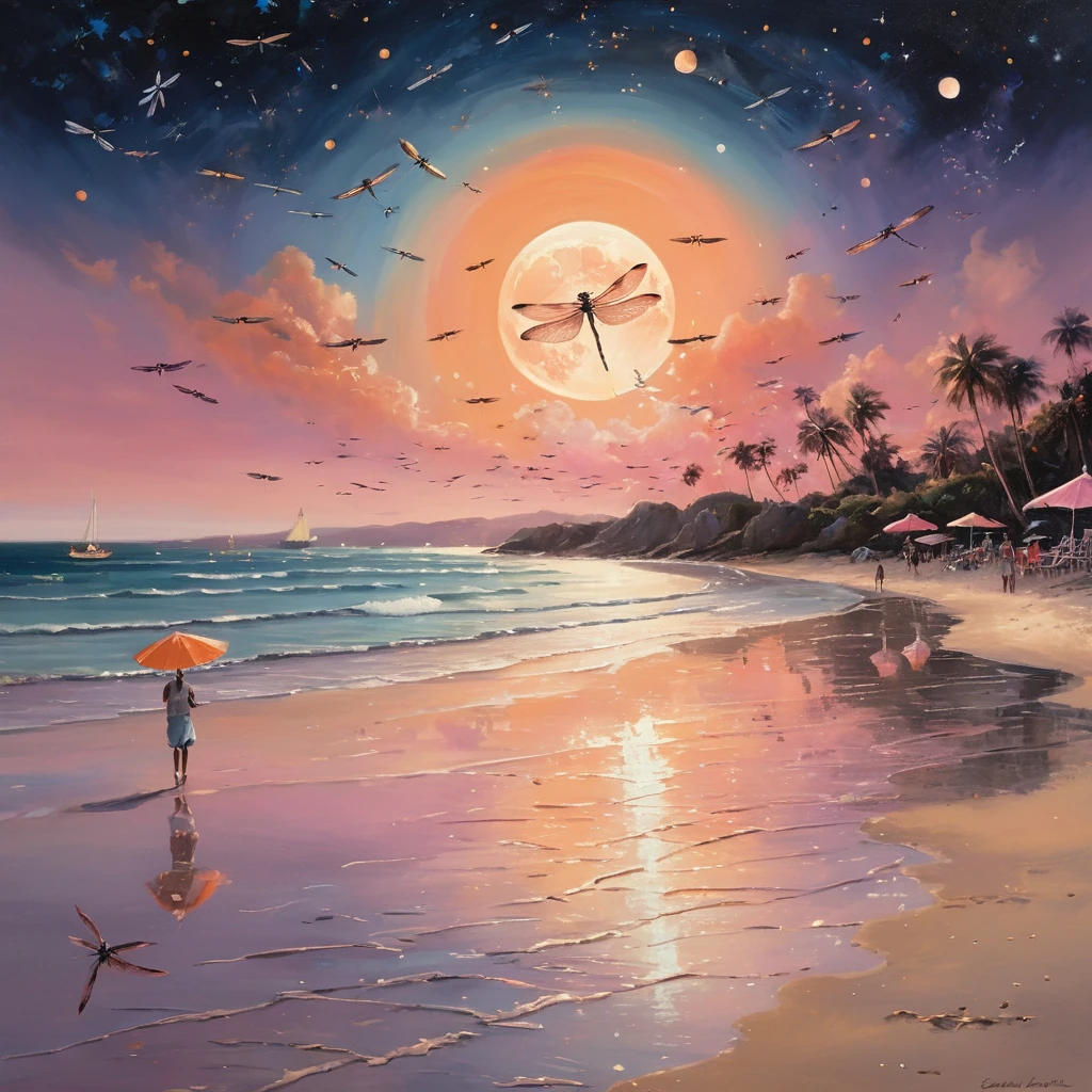 Dragonfly Over A Moonlit Beach At Colorful Sunset