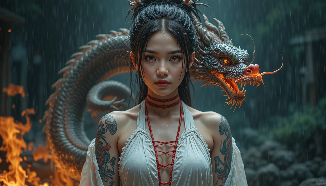 Asian woman with dragon tattoo in torn white clothing