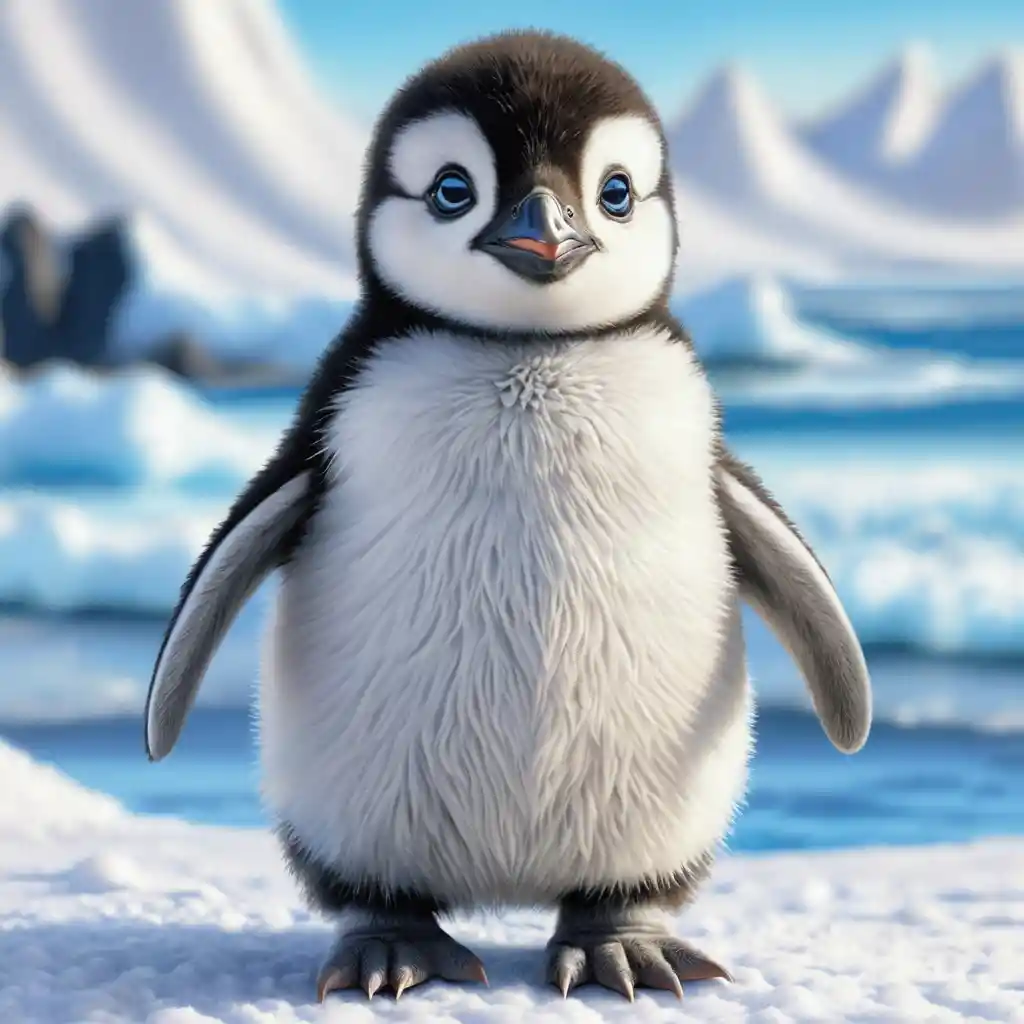 Cute baby penguin drawing with big blue eyes standing