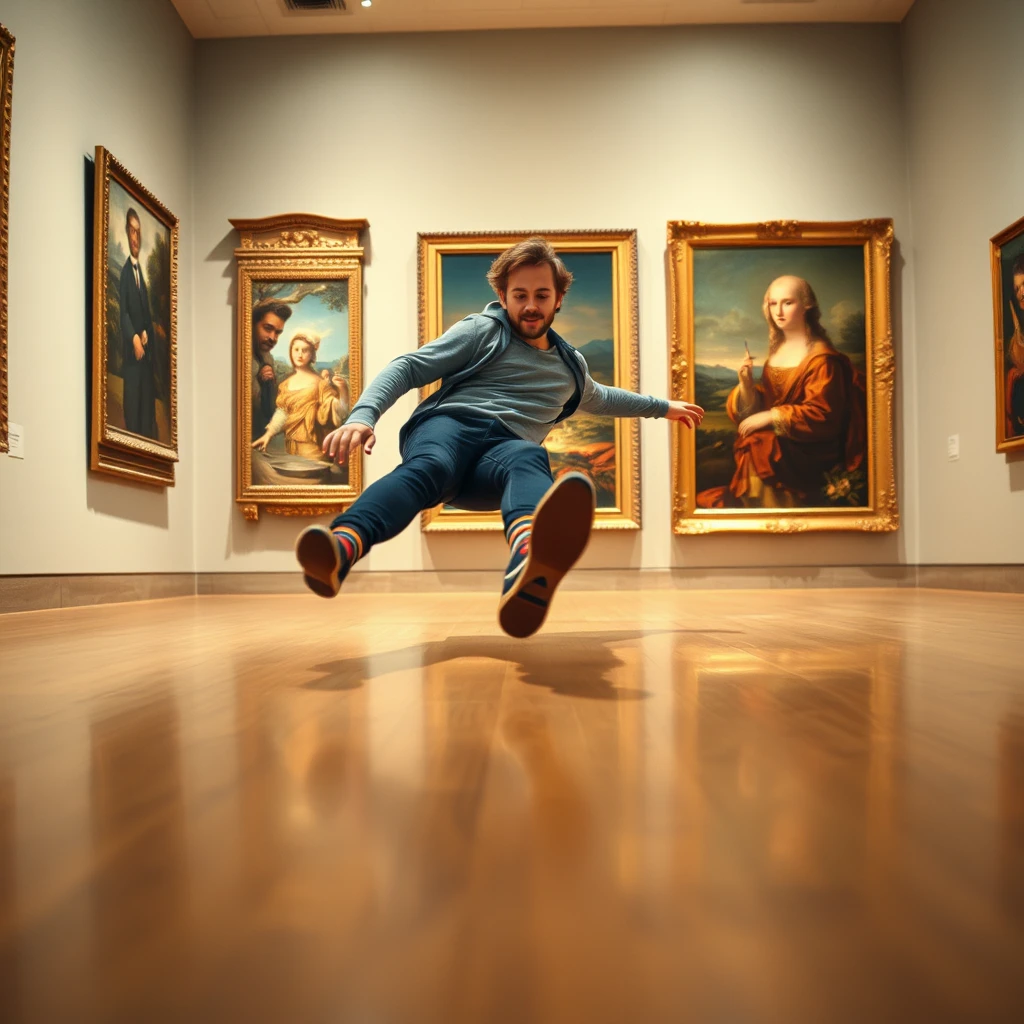 Man sliding in socks past famous paintings in museum