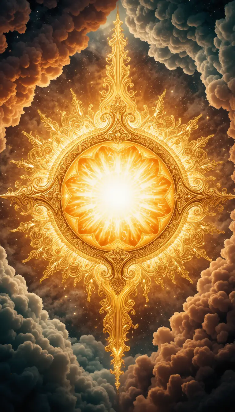 Radiant Golden Sun Amid Ornate Cosmic Clouds