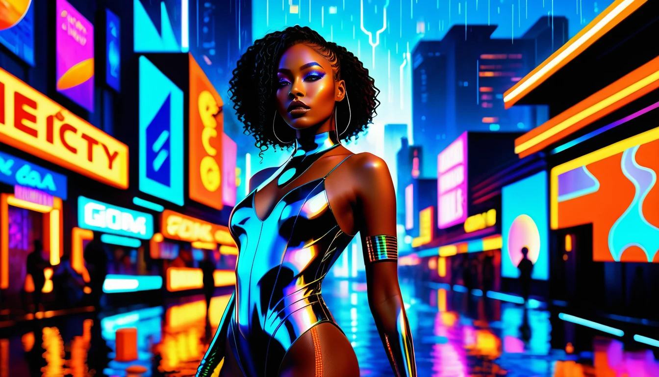 Afrofuturist heroine in neon cyberpunk megacity rain