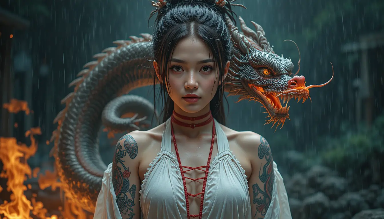Asian woman with dragon tattoo in torn white clothing
