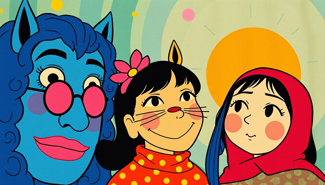 Whimsical retro fantasy characters in vibrant graphic collage