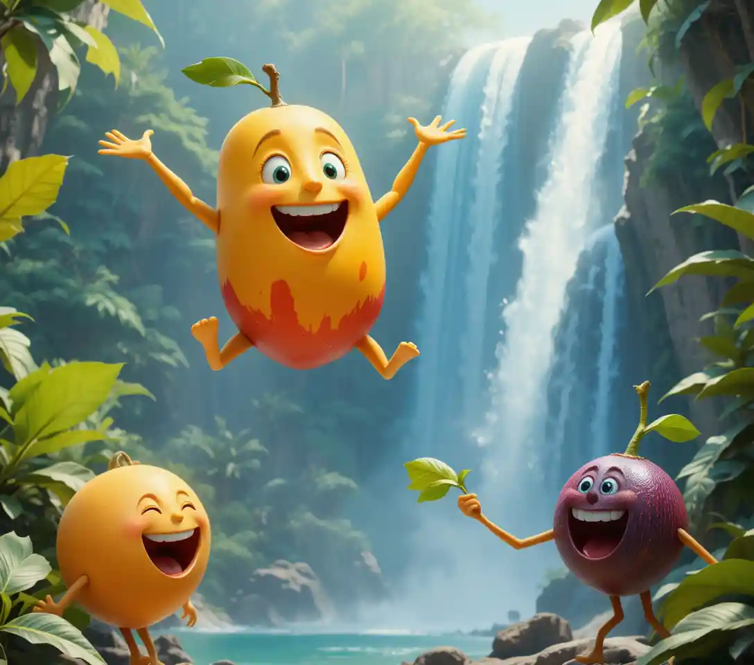 Joyful mango character leaping in tropical waterfall paradise