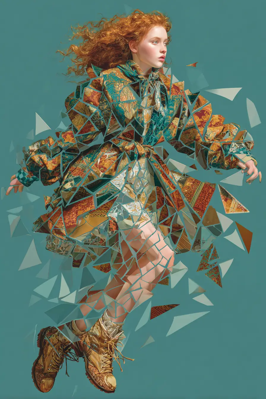 Dynamic woman in fragmented plaid outfit mid jump