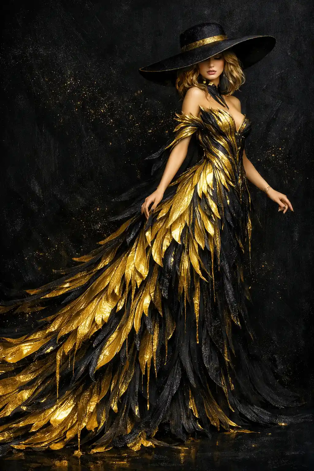 Ethereal woman in flowing gold gown on dark background