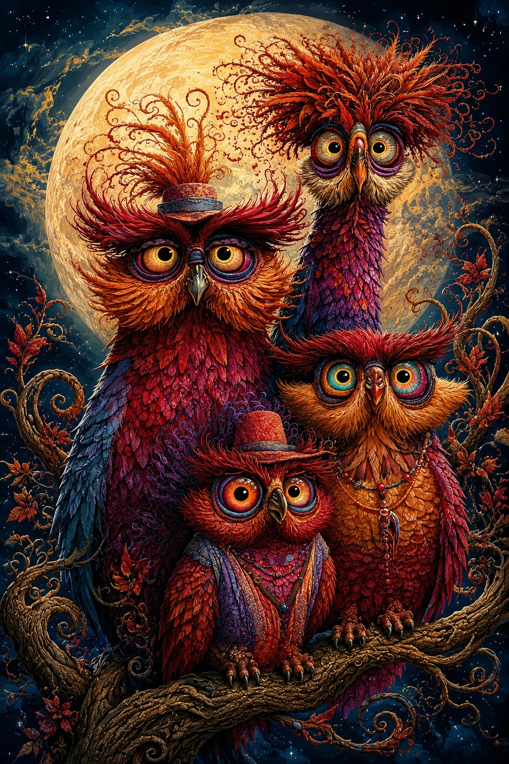 Playful owl family on a twisty branch before full moon