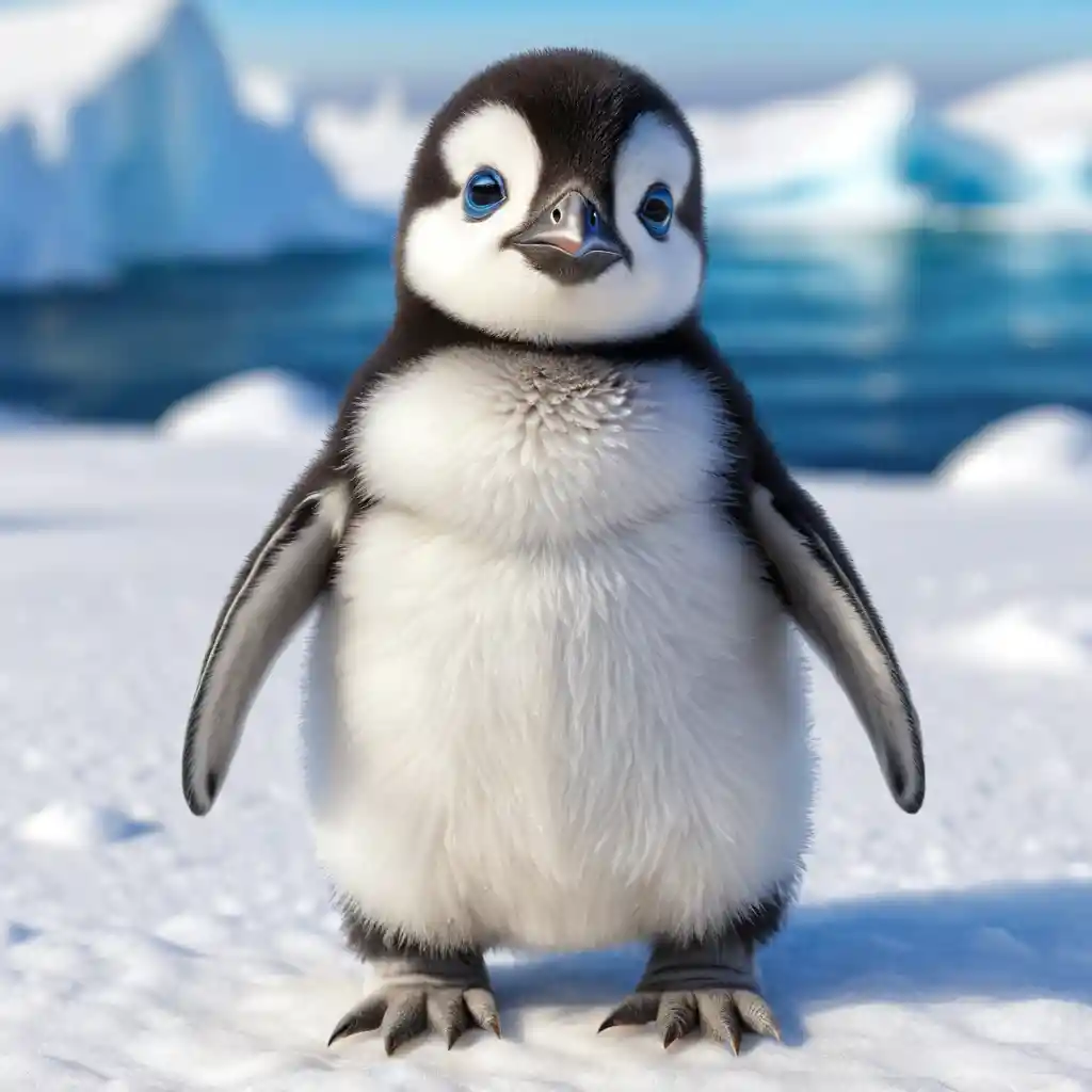 Cute baby penguin with blue eyes in colored pencil style