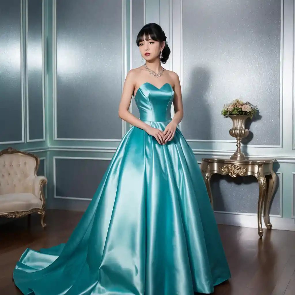 Elegant young woman in bright satin ballgown indoors