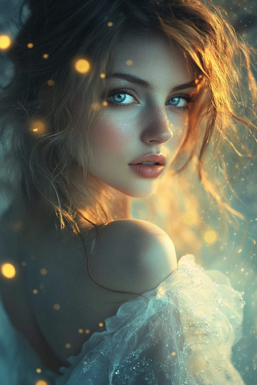 Ethereal woman glowing in golden dreamlike fog