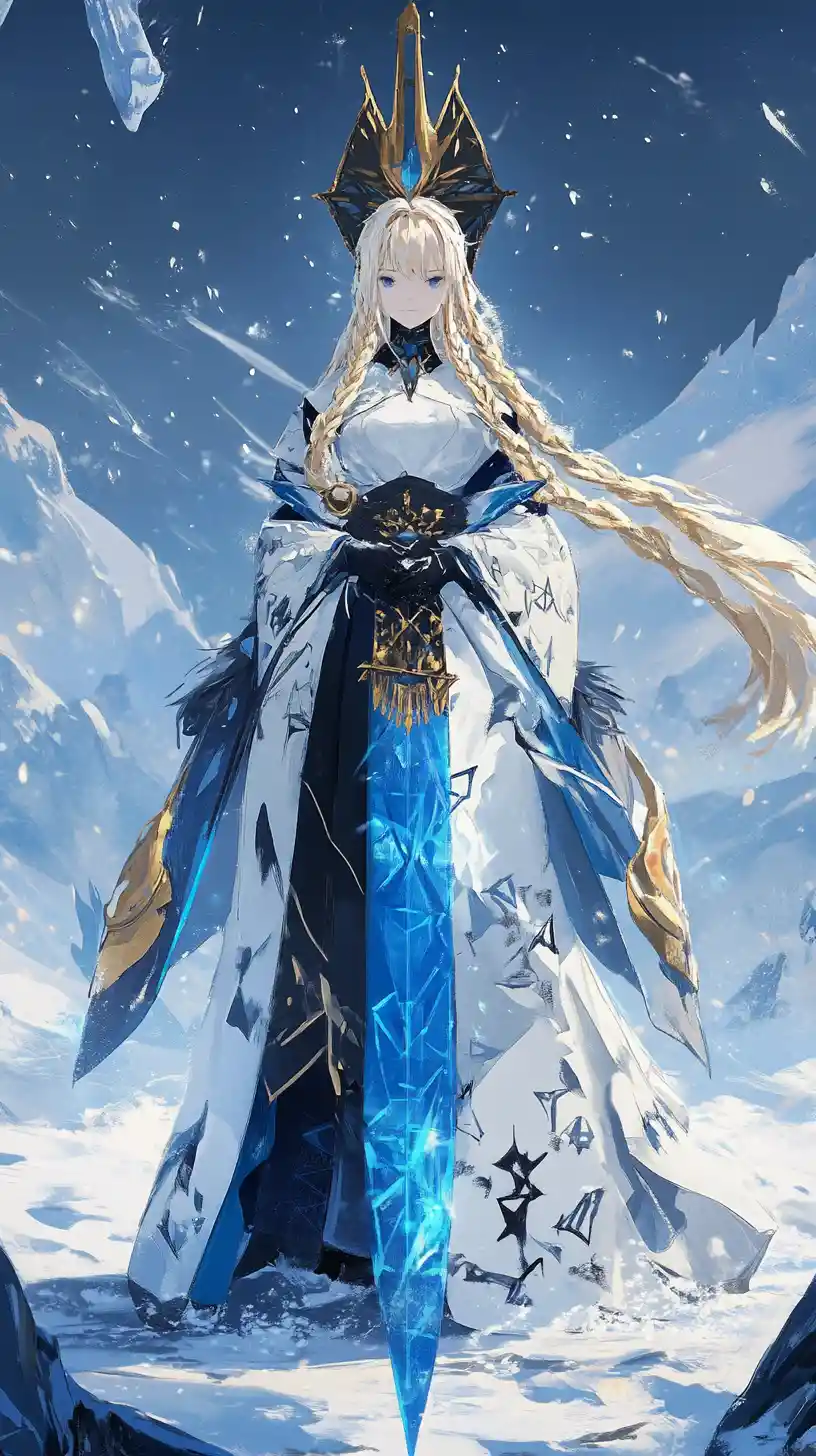 Golden haired warrior woman in ornate armor with sword