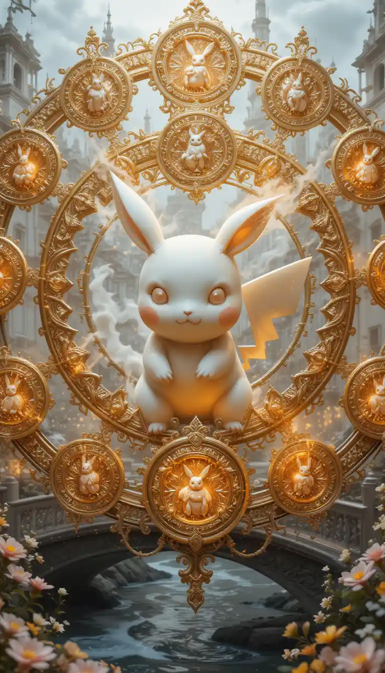 Mythical chibi creature before a glowing white palace