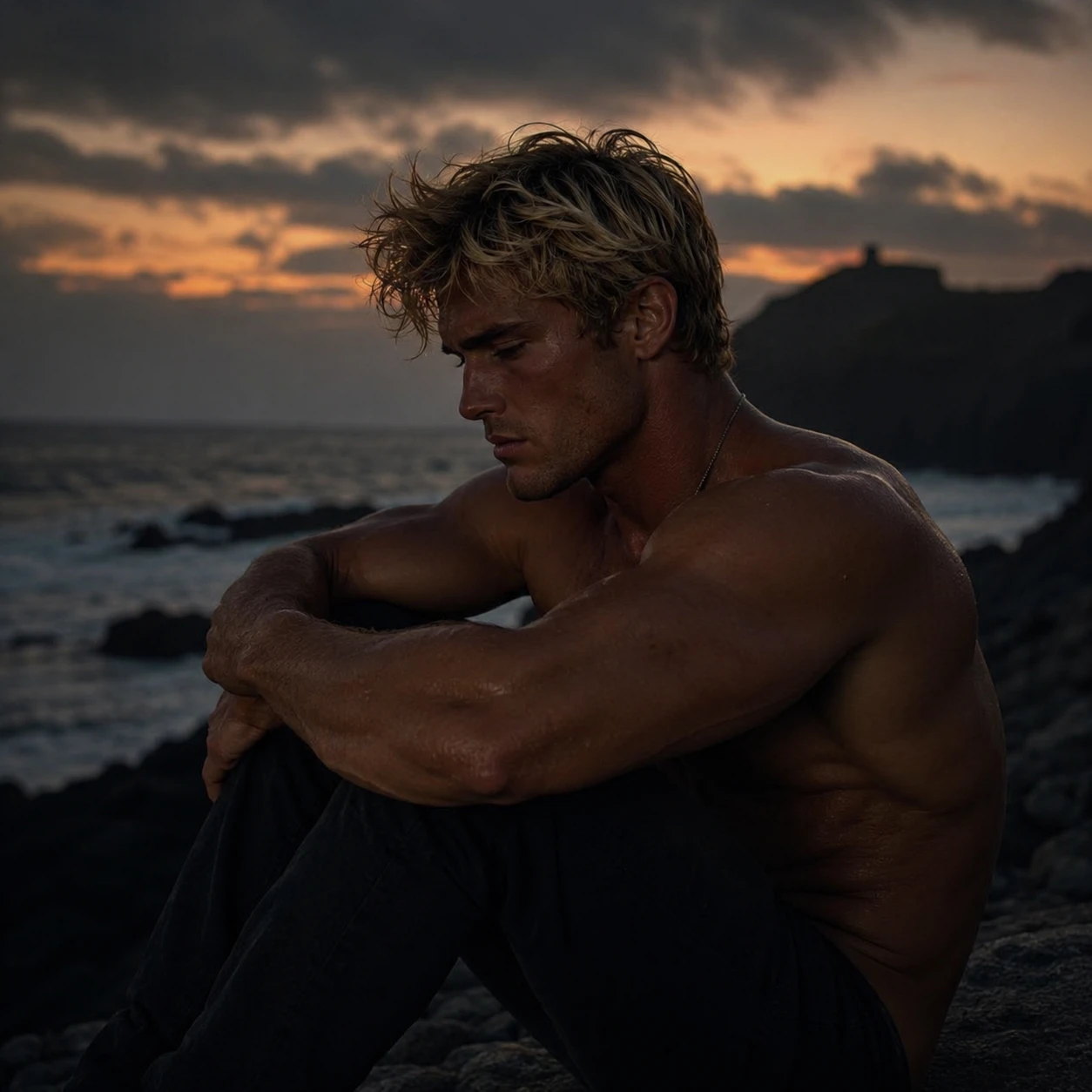 Muscular blond man alone in a somber reflective place