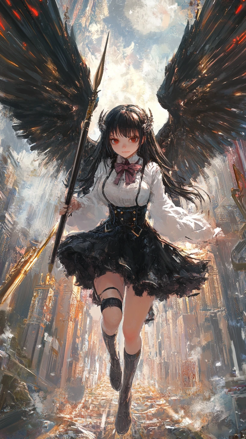 Dark halo anime girl with angelic wings and skirt